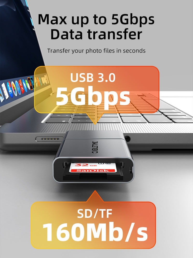 CABLETIME 3 IN 1 USB A 3.0 USB TYPE C SD CARD READER COMPATIBLE WITH IPHONE AND ANDROID | 160MB/S(SD/TF 3.0) - Image 5